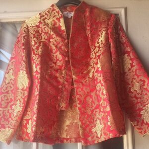 Tang Yi Satin Brocade Long Sleeve Button Down Blouse Size Large